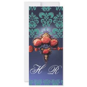 RED CORAL ROSES,AQUA BLUE BLACK DAMASK MONOGRAM