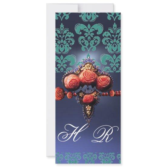 RED CORAL ROSES,AQUA BLUE BLACK DAMASK MONOGRAM