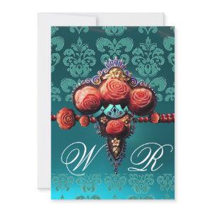 RED CORAL ROSES,AQUA BLUE BLACK DAMASK MONOGRAM