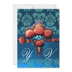 RED CORAL ROSES,AQUA BLUE BLACK DAMASK MONOGRAM