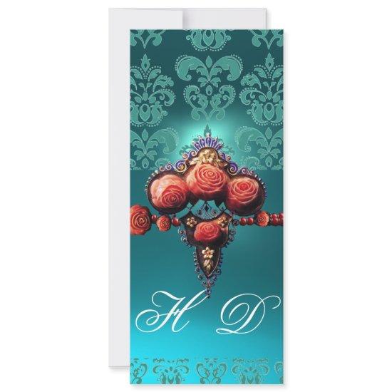 RED CORAL ROSES,AQUA BLUE BLACK DAMASK MONOGRAM