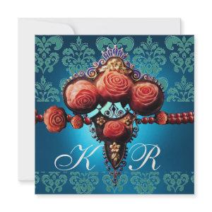 RED CORAL ROSES,AQUA BLUE BLACK DAMASK MONOGRAM