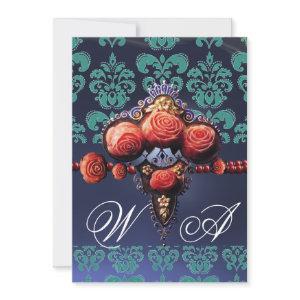 RED CORAL ROSES,AQUA BLUE BLACK DAMASK MONOGRAM