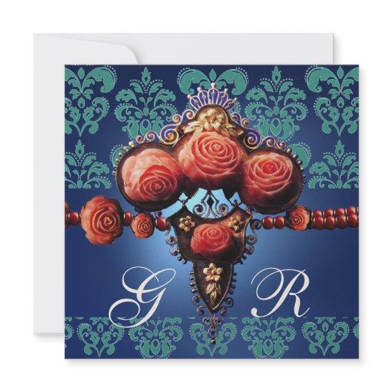 RED CORAL ROSES,AQUA BLUE BLACK DAMASK MONOGRAM