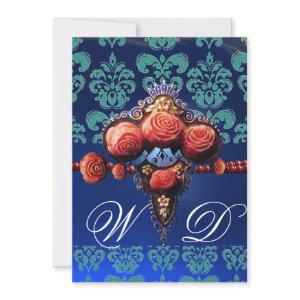 RED CORAL ROSES,AQUA BLUE BLACK DAMASK MONOGRAM