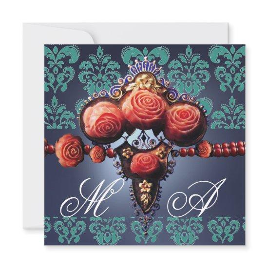 RED CORAL ROSES,AQUA BLUE BLACK DAMASK MONOGRAM
