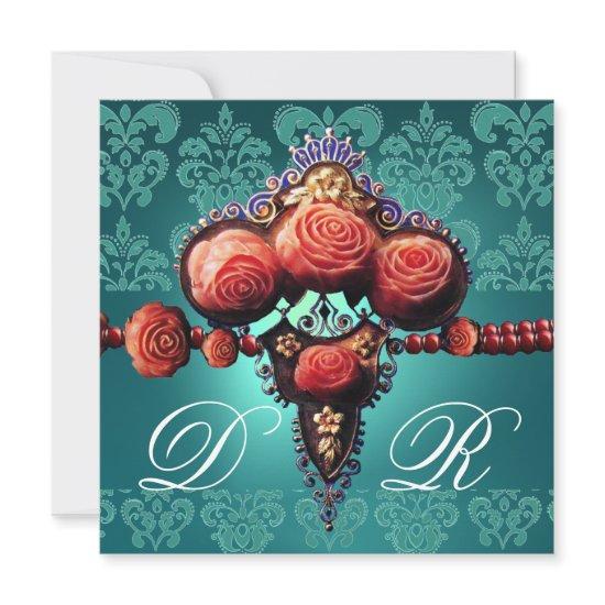 RED CORAL ROSES,AQUA BLUE BLACK DAMASK MONOGRAM