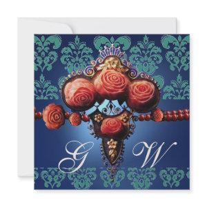 RED CORAL ROSES,AQUA BLUE BLACK DAMASK MONOGRAM