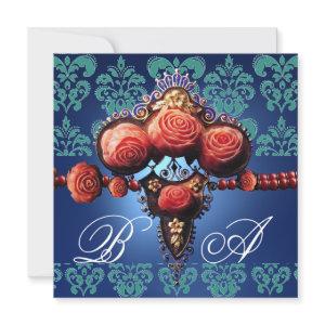 RED CORAL ROSES,AQUA BLUE BLACK DAMASK MONOGRAM