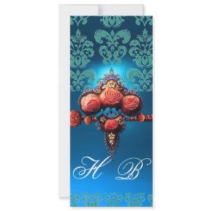 RED CORAL ROSES,AQUA BLUE BLACK DAMASK MONOGRAM
