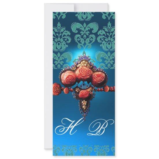 RED CORAL ROSES,AQUA BLUE BLACK DAMASK MONOGRAM