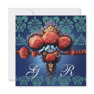 RED CORAL ROSES,AQUA BLUE GOLD DAMASK MONOGRAM