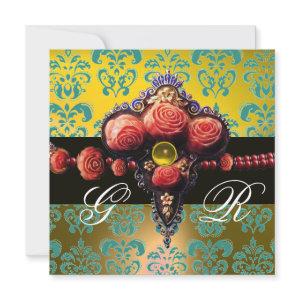 RED CORAL ROSES,AQUA BLUE YELLOW DAMASK MONOGRAM