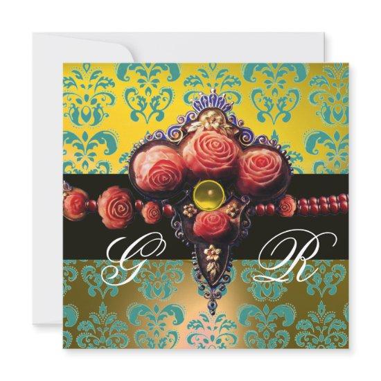 RED CORAL ROSES,AQUA BLUE YELLOW DAMASK MONOGRAM
