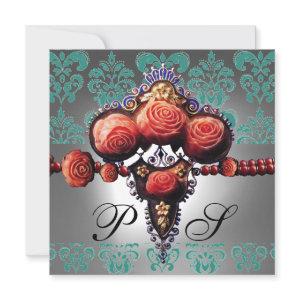 RED CORAL ROSES,BLACK GREEN WHITE DAMASK MONOGRAM