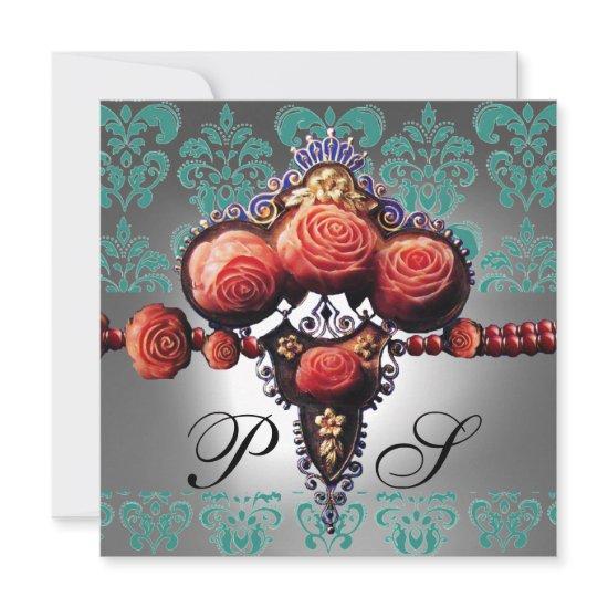 RED CORAL ROSES,BLACK GREEN WHITE DAMASK MONOGRAM