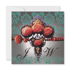 RED CORAL ROSES,BLACK GREEN WHITE DAMASK MONOGRAM