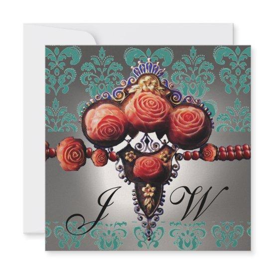RED CORAL ROSES,BLACK GREEN WHITE DAMASK MONOGRAM