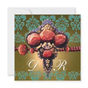 RED CORAL ROSES,BLACK GREEN YELLOW DAMASK MONOGRAM