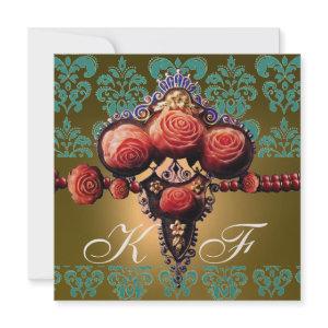 RED CORAL ROSES,BLACK GREEN YELLOW DAMASK MONOGRAM