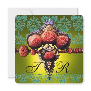RED CORAL ROSES,BLACK GREEN YELLOW DAMASK MONOGRAM