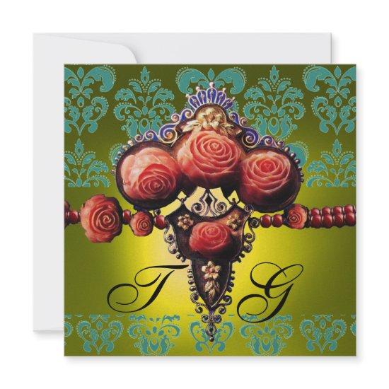 RED CORAL ROSES,BLACK GREEN YELLOW DAMASK MONOGRAM