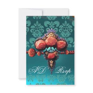 RED CORAL ROSES,BLUE BLACK DAMASK MONOGRAM RSVP