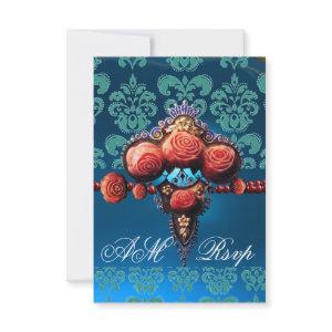 RED CORAL ROSES,BLUE BLACK DAMASK MONOGRAM RSVP