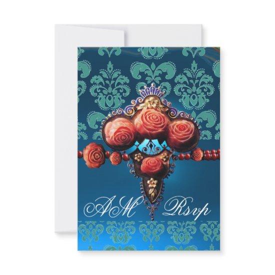 RED CORAL ROSES,BLUE BLACK DAMASK MONOGRAM RSVP