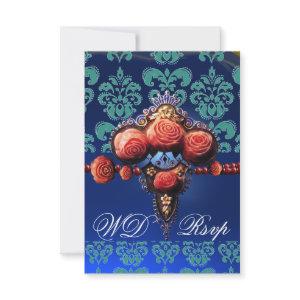 RED CORAL ROSES,BLUE BLACK DAMASK MONOGRAM RSVP