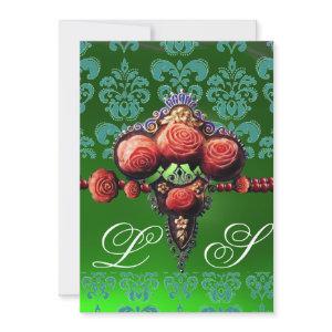 RED CORAL ROSES, BLUE BLACK GREEN DAMASK MONOGRAM
