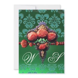 RED CORAL ROSES, BLUE BLACK GREEN DAMASK MONOGRAM
