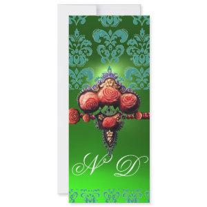 RED CORAL ROSES,BLUE GREEN BLACK DAMASK MONOGRAM
