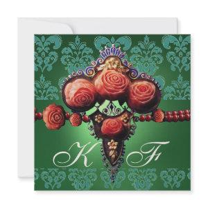 RED CORAL ROSES,GREEN BLUE BLACK DAMASK MONOGRAM