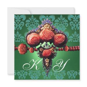 RED CORAL ROSES,GREEN BLUE BLACK DAMASK MONOGRAM