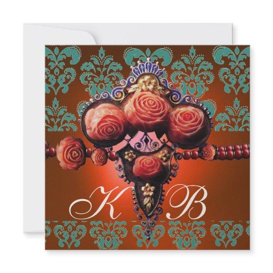 RED CORAL ROSES,ORANGE BLUE GOLD DAMASK MONOGRAM