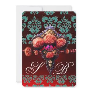 RED CORAL ROSES, TEAL BLUE BLACK DAMASK MONOGRAM