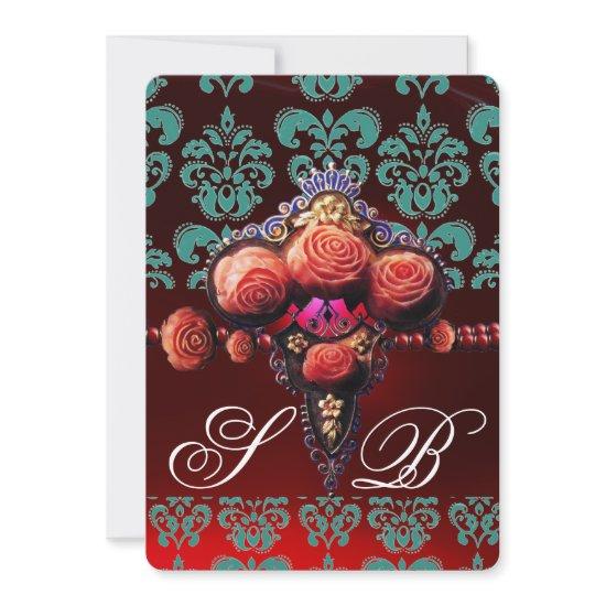RED CORAL ROSES, TEAL BLUE BLACK DAMASK MONOGRAM