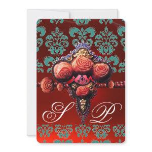 RED CORAL ROSES, TEAL BLUE BLACK DAMASK MONOGRAM
