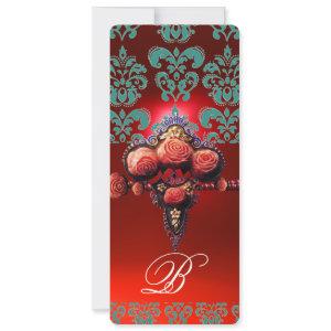 RED CORAL ROSES, TEAL BLUE BLACK DAMASK MONOGRAM