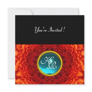 RED DAHLIA, AQUAMARINE ,bright blue black yellow