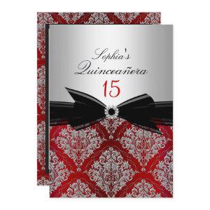 Red Damask Bow Quinceanera Announcements