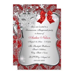 Red Damask Mask Quinceanera Masquerade Invite
