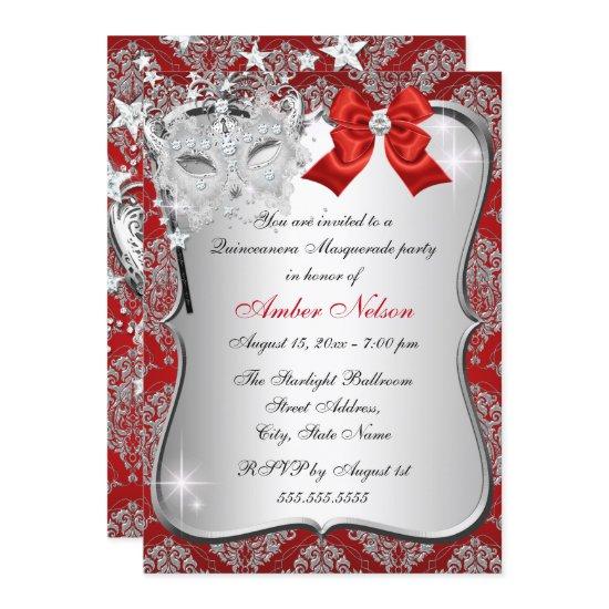 Red Damask Mask Quinceanera Masquerade Invite