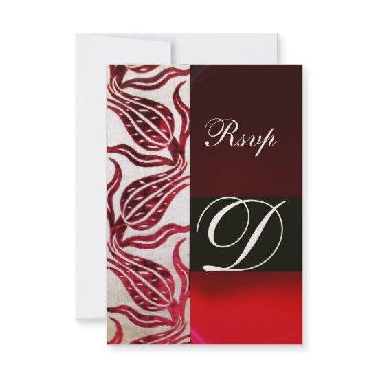 RED DAMASK VELVET TULIPS MONOGRAM Burgundy Gold RSVP Card