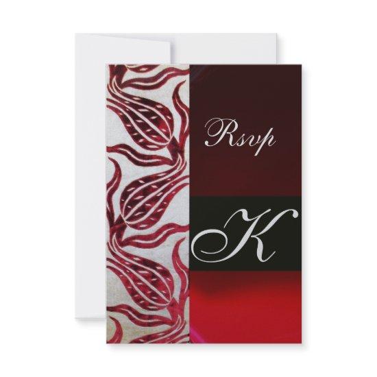 RED DAMASK VELVET TULIPS MONOGRAM Burgundy Silver RSVP Card