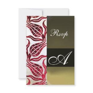 RED DAMASK VELVET TULIPS MONOGRAM Burgundy White RSVP Card