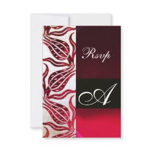 RED DAMASK VELVET TULIPS MONOGRAM Burgundy White RSVP Card