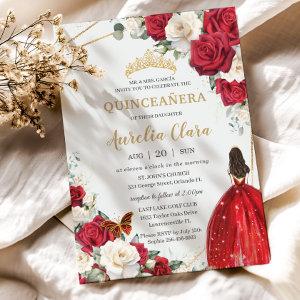Red Dress White Roses Floral Girl Gold Quinceañera