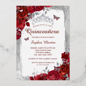 Red Elegant Floral Butterfly Quinceanera  Foil